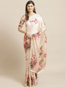 Readiprint - Beige Satin Silk Fabric Saree with Unstitched Blouse