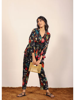 Kaori By Shreya - Black Floral Resort Front Tie Tunic Co-Ord (Set of 2)