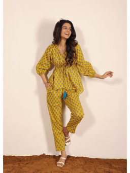 Kaori By Shreya - Yellow Floral Work Wear Co-Ord (Set of 2)