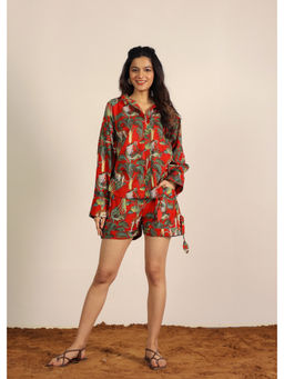 Kaori By Shreya - Red Jungle Theme Print Collared Co-Ord (Set of 2)