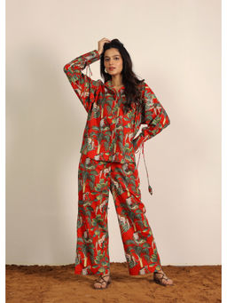 Kaori By Shreya - Red Jungle Theme Print Buttoned Co-Ord (Set of 2)
