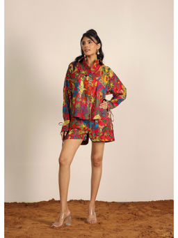 Kaori By Shreya - Red Jungle Theme Print Oversized Collared Co-Ord (Set of 2)
