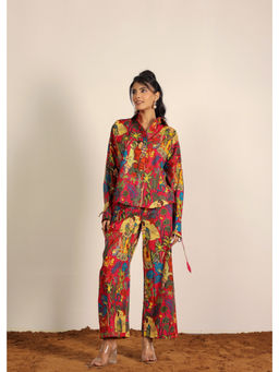 Kaori By Shreya - Red Jungle Theme Print Oversized Collared Co-Ord (Set of 2)