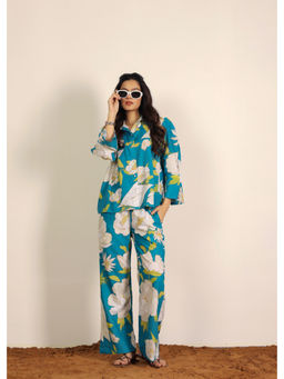 Kaori By Shreya - Sky Blue Floral Print Collared Co-Ord (Set of 2)