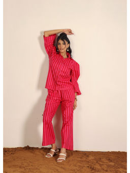 Kaori By Shreya - Pink and Red Smart Stripes Work Wear Collared Co-Ord (Set of 2)