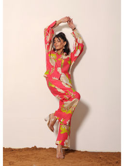 Kaori By Shreya - Pink Floral Print Collared Co-Ord (Set of 2)