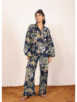 Kaori By Shreya - Navy Blue Printed Coastal Print Balloon Sleeves Co-Ord (Set of 2)