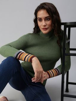 SHOWOFFFF - Women's Solid Fitted Green High Neck Top