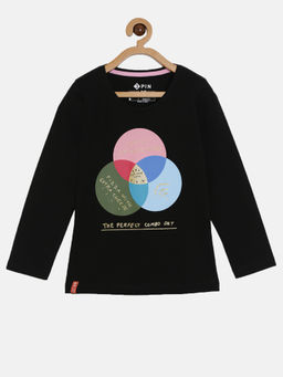 3PIN - Girls Cotton Black Printed Round Neck T-Shirt