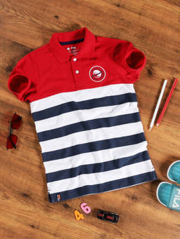 3PIN - Boys Red Pure Cotton Striped Polo Collar T-Shirt