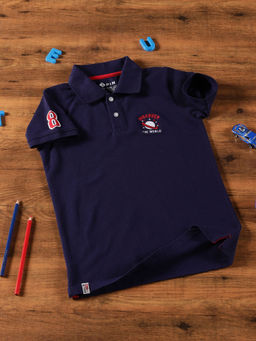 3PIN - Boys Solid Navy Blue Pure Cotton Polo Collar T-Shirt