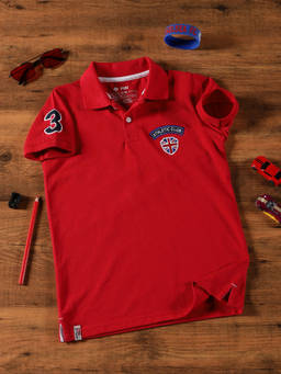 3PIN - Boys Solid Red Pure Cotton Polo Collar T-Shirt