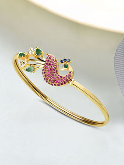 Zaveri Pearls - Pink & Green Cubic Zirconia Peacock Inspired Brass Kada-ZPFK10390