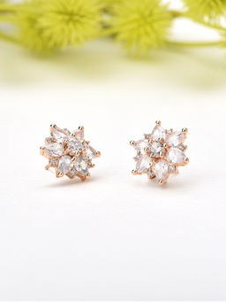 Zaveri Pearls - Rose Gold Cubic Zirconia Flower Brass Stud Earring-ZPFK10398