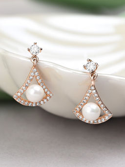 Zaveri Pearls - Rose Gold Cubic Zirconia & Pearl Drop Earring-ZPFK10683