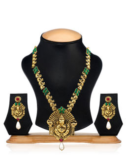 Zaveri Pearls - Green Stones Lord Ganesha Temple Necklace & Earring Set-ZPFK357
