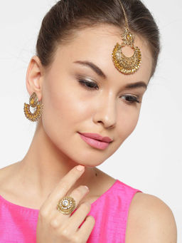 Zaveri Pearls - Gold Tone Set Of 2 Maang Tikka, 2 Pair Of Earrings, 1 Finger Ring-ZPFK6285