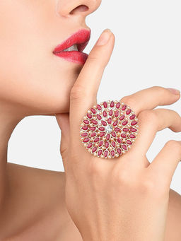 Zaveri Pearls - Rani Pink Stones Floral Look Ethnic Statement Finger Ring-ZPFK9148