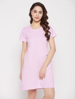 Clovia - Print Me Pretty Short Night Dress In Baby Pink - 100 Percent Cotton