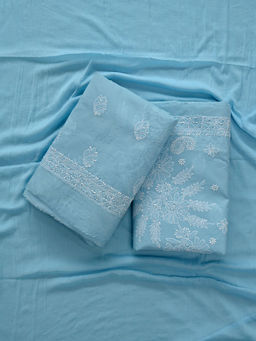 Seva Chikan - Embroidered Blue Terivoil Lucknowi Unstitched Kurta and Bottom with Dupatta (Set of 3)