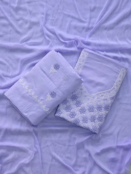 Seva Chikan - Lavender Terivoil Lucknowi Unstitched Kurta and Bottom with Dupatta (Set of 3)