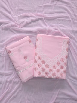 Seva Chikan - Embroidered Pink Terivoil Lucknowi Unstitched Kurta and Bottom with Dupatta (Set of 3)