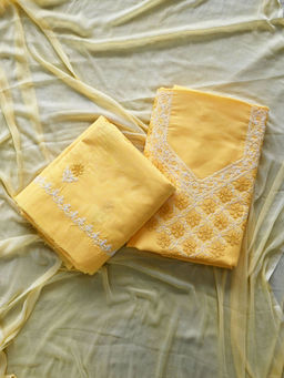 Seva Chikan - Embroidered Yellow Terivoil Lucknowi Unstitched Kurta and Bottom with Dupatta (Set of 3)