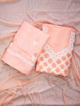 Seva Chikan - Embroidered Peach Terivoil Lucknowi Unstitched Kurta and Bottom with Dupatta (Set of 3)
