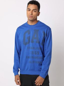 GAP - Men Blue Knitted Typography Regular Fit Sweatshirt
