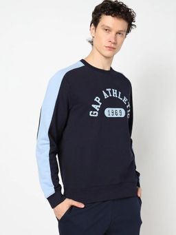 GAP - Men Navy Blue Knitted Colorblock Regular Fit Sweatshirt