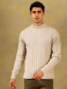 Kvetoo - Men Beige Acrylic Textured Regular Fit Sweater