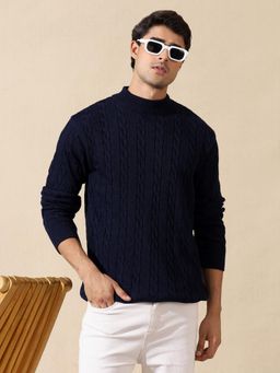 Kvetoo - Men Navy Blue Acrylic Textured Regular Fit Sweater