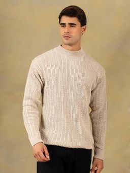 Kvetoo - Men Beige Acrylic Textured Regular Fit Sweater