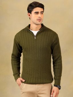 Kvetoo - Men Olive Acrylic Textured Regular Fit Sweater