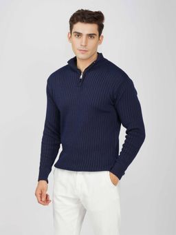 Kvetoo - Men Navy Blue Acrylic Textured Regular Fit Sweater