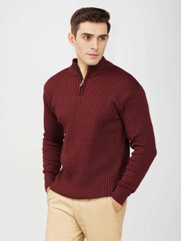 Kvetoo - Men Wine Acrylic Textured Regular Fit Sweater