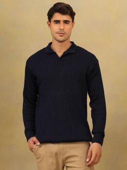 Kvetoo - Men Navy Blue Acrylic Textured Regular Fit Sweater
