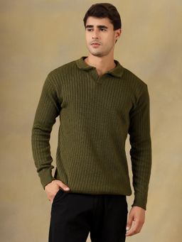 Kvetoo - Men Olive Acrylic Textured Regular Fit Sweater