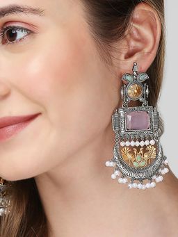 OOMPH - Pink Stone Oxidised Ethnic Drop Earrings