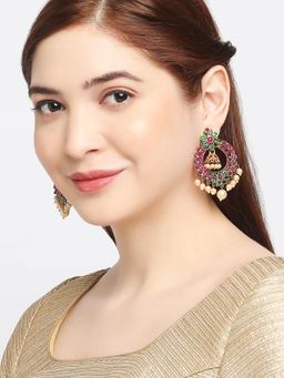 OOMPH - Pink Kemp Stone and Pearls Floral Design Large Chandbali Earrings