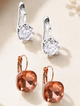 Fabula - Silver Crown Cubic Zirconia and Gold Square Cubic Zirconia Drop Earrings (Pack Of 2)