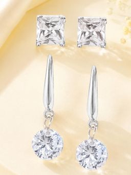 OOMPH - Delicate Silver Tone Square and Round Cubic Zirconia Drop Earrings (Pack Of 2)