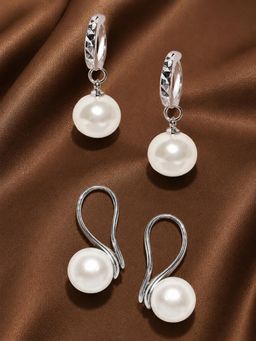 OOMPH - Silver Tone White Pearl Delicate Fashion Drop Earrings (Pack Of 2)