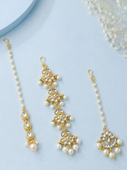 OOMPH - Gold Tone Kundan and Pearl Jadau Maangtikka (Pack Of 3)