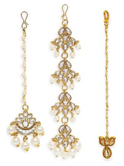 Fabula - Gold Tone Kundan and Pearl Floral Wedding Delicate Maangtikka (Pack Of 3)