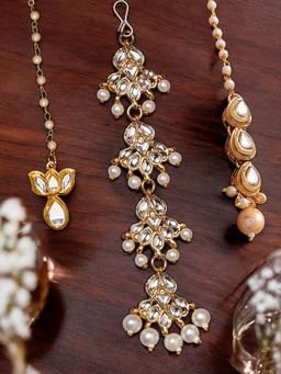 Fabula - Gold Tone Kundan and Pearl Floral Wedding Delicate Maangtikka (Pack Of 3)