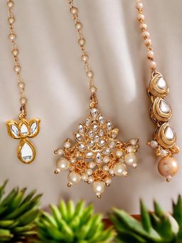 Fabula - Gold Tone Kundan and Pearl Floral Wedding Delicate Maangtikka (Pack Of 3)