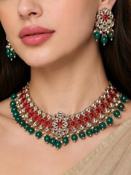 Fabula - Red and Green Kundan Jadau Ethnic Jewellery Set