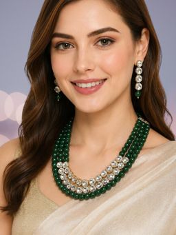 OOMPH - Green Beads and Kundan Multi Layer Ethnic Long Jewellery Set