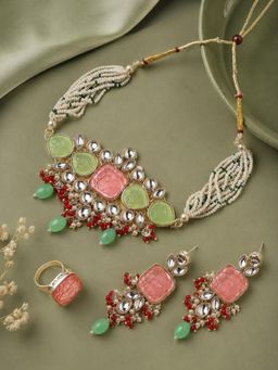 OOMPH - Pink Engraved Jaipur Stones Jewellery Set